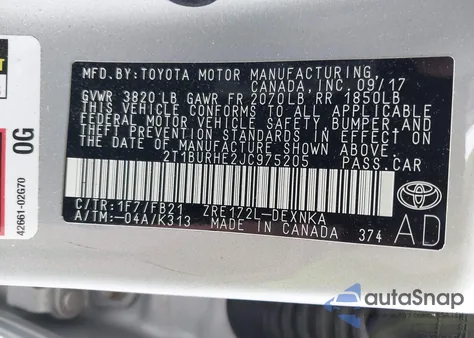 2018 Toyota Corolla Le from USA, damaged, VIN 2T1BURHE2JC975205